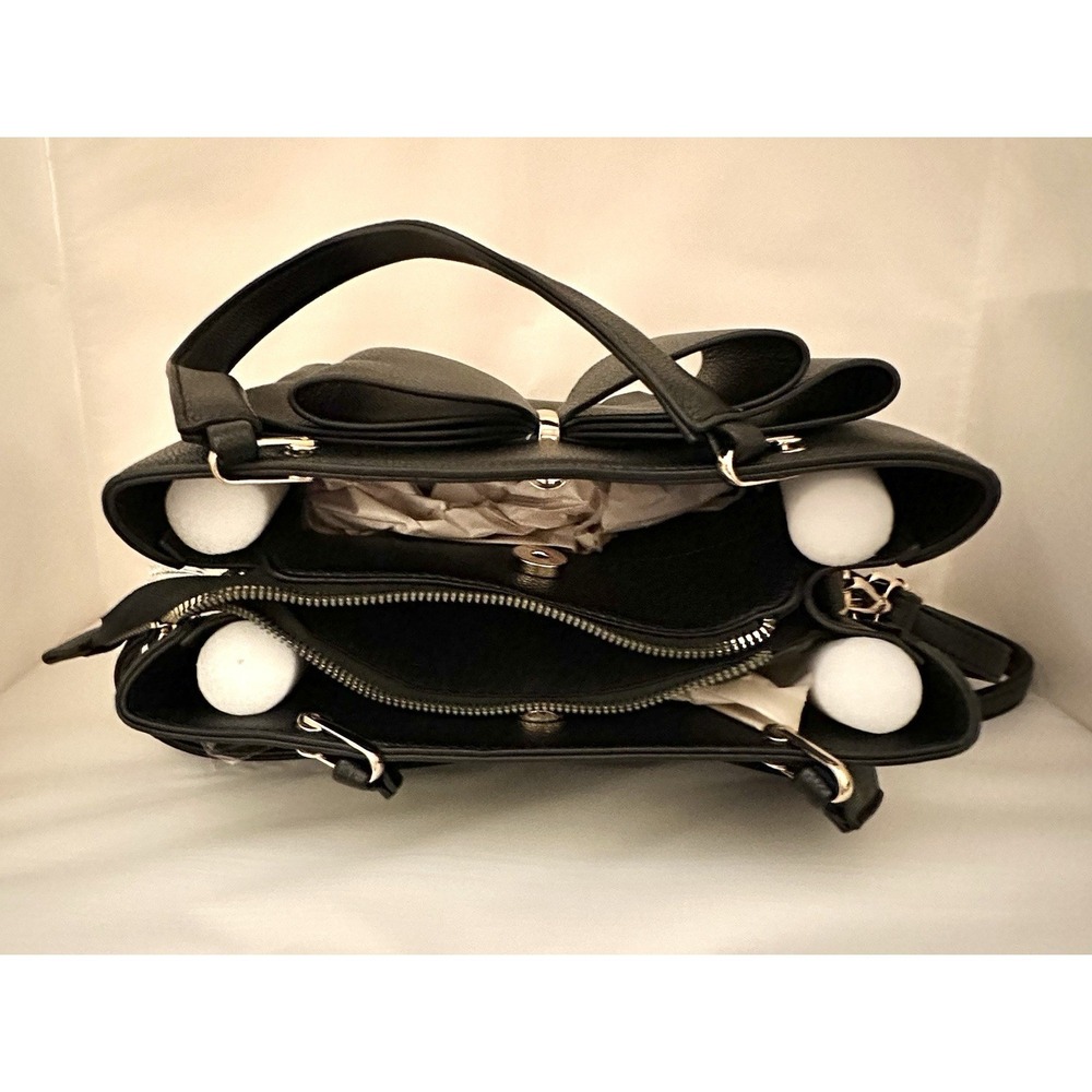 Crossi Black Faux Leather Satchel Double Bow Accent Gold Hardware Inner Pockets - Picture 3 of 7